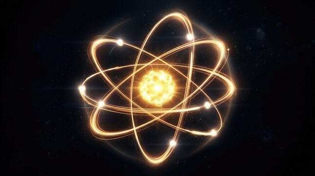 Glowing golden atom model with orbiting electrons isolated on a black background for scientific research concepts