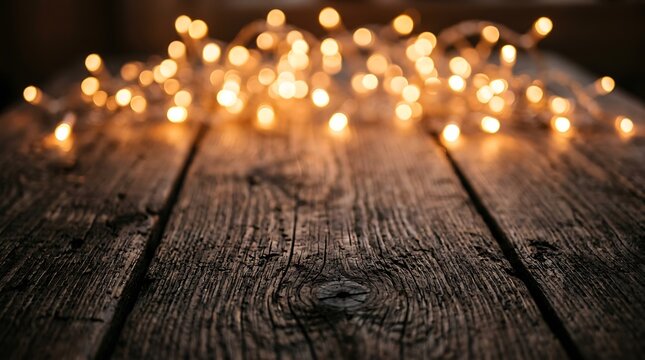 Rustic wooden table surface with a blurred background of warm, glowing fairy lights, creating a cozy and festive atmosphere perfect for holiday or seasonal projects
