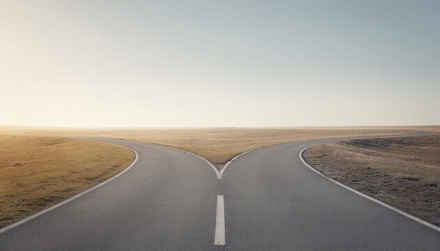 Fork in the Road: A solitary asphalt road splits into two distinct paths, leading into vast, open landscapes under a clear, expansive sky, symbolizing choices and diverging journeys.