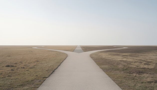Crossroads of Decision: A desolate, flat landscape with a paved road splitting into two distinct paths under a vast, pale sky. This image evokes a sense of choice, direction, and the unknown future.