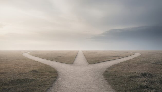 Crossroads of Decision: A misty landscape features a road splitting into three paths under a dramatic, cloudy sky, symbolizing choices, journeys, and the unknown future.