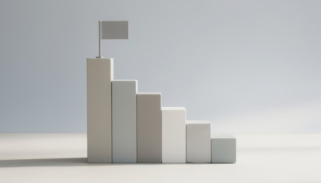 Stairway to Success: A minimalistic depiction of a staircase made of blocks, topped with a small flag, symbolizing achievement and the journey towards a goal.