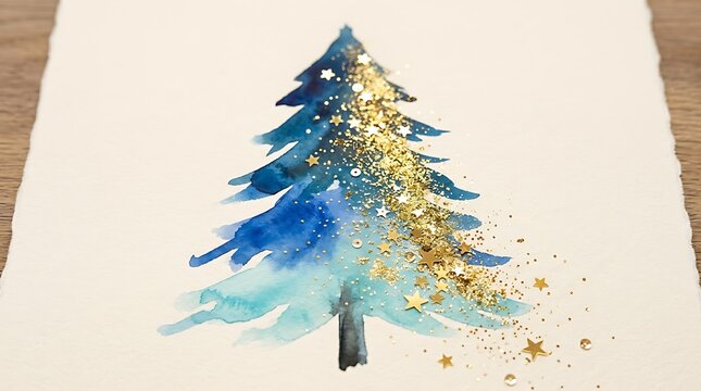 Watercolor painting of a christmas tree with gold glitter and star sequins