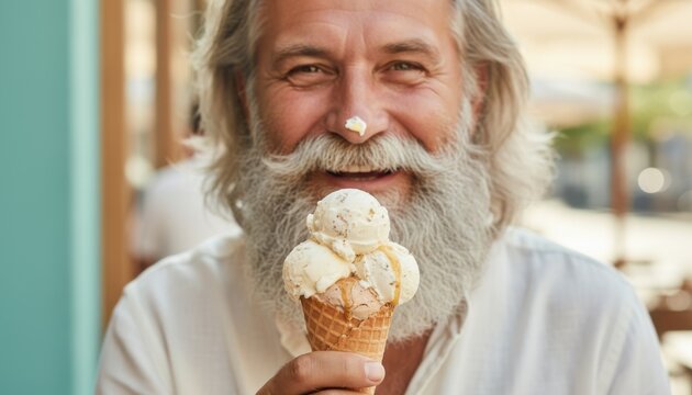 Smiling senior man with long grey beard holding three scoops of ice cream in waffle cone with bit of cream on his nose outdoors