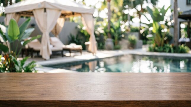 Wooden Table Top with Blurred Pool and Garden Background for Product Display
