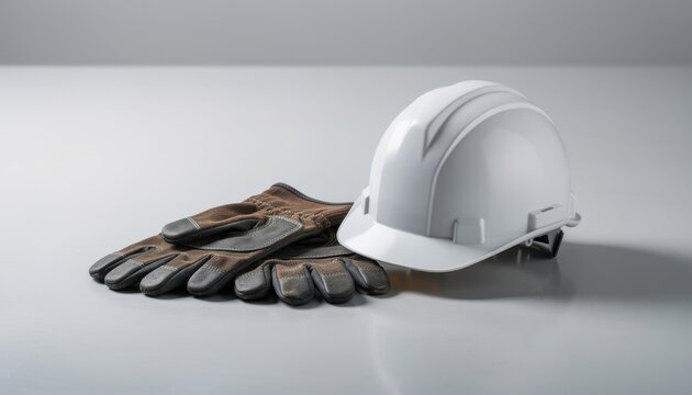 Safety Gear for Construction: A white hard hat and a pair of work gloves are placed together, ready for use on a construction site, symbolizing safety and preparedness.