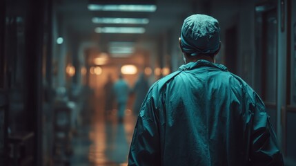 Fototapeta premium Doctor in teal scrubs walks away down a dimly lit hospital hallway. Perfect for depicting dedication, healthcare challenges, or hospital life.