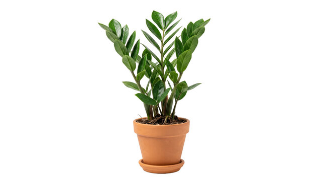 Potted zz plant in terracotta pot on transparent background