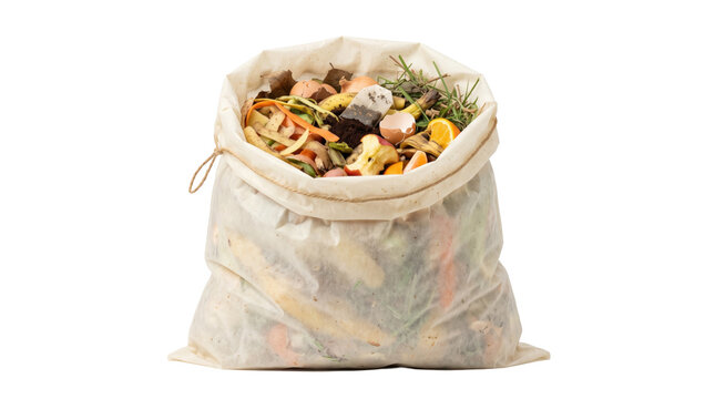 Organic food scraps in biodegradable fabric compost bag