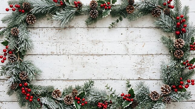 Christmas wreath made of pine branches, pine cones, and red berries on a rustic white wooden background