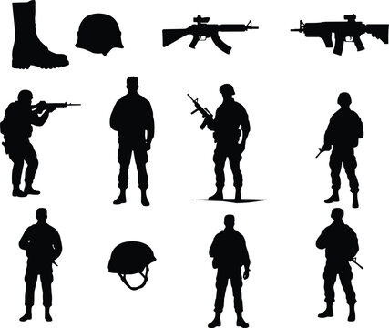 Set of black military soldier silhouettes with weapons helmets and boots vector illustration