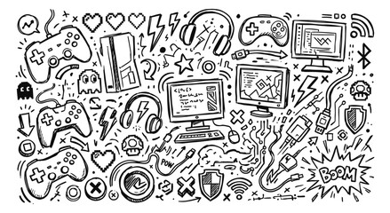 Hand drawn doodle set of gaming accessories and game icons with video games © VectorDesigner