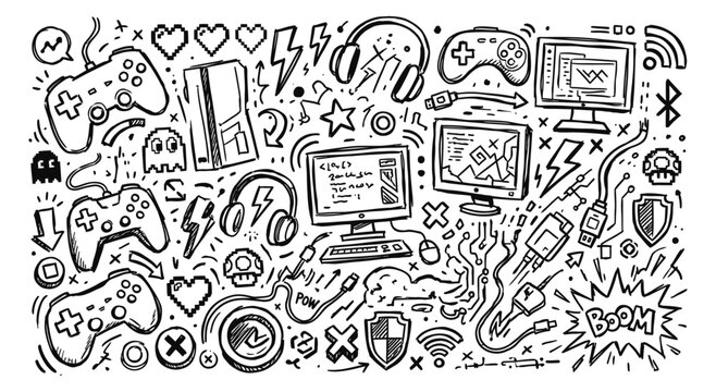Hand drawn doodle set of gaming accessories and game icons with video games