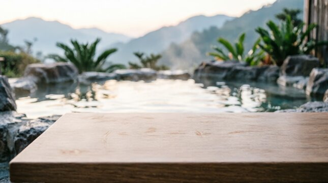 Wooden Table Top with Mountain Pool View for Product Display
