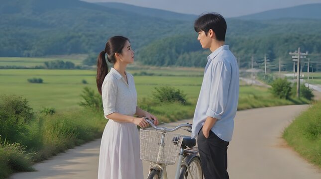 Couple Talking on a Rural Road with Bicycle and Scenic Landscape