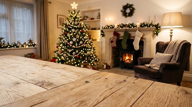 Cozy christmas living room interior with a decorated tree, a warm fireplace, and a wooden table in the foreground, creating a festive holiday atmosphere