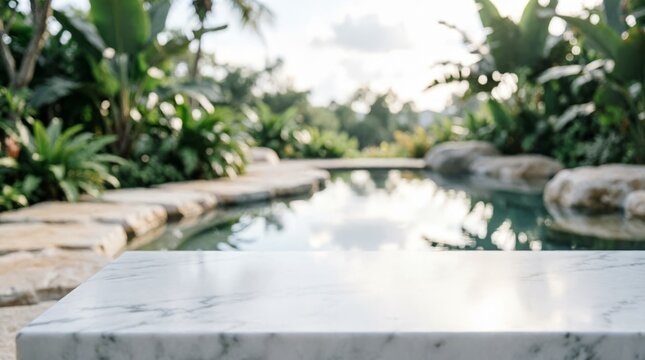 Marble Table Top with Tropical Pool Background for Web Design