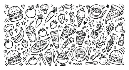 Fototapeta premium Assorted hand drawn food and beverage doodle icons collection