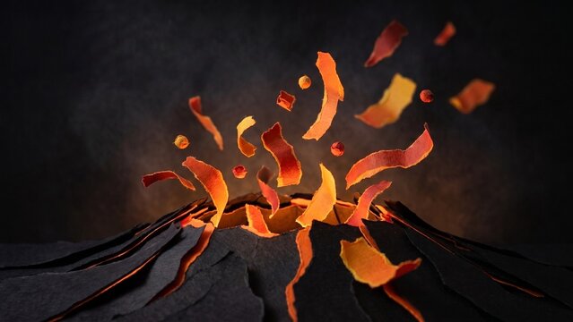 Creative papercraft volcano eruption with orange lava scraps and paper mountain art.