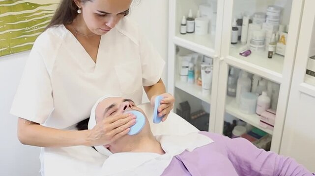 A client receives a facial treatment by a trained professional. The process includes cleansing and applying various products for skincare. Both are focused on the treatment.