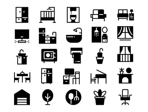 Home furniture and household icons in clean filled style featuring bedroom, bathroom, kitchen, living room, garage, office, and home essentials for interior design projects.