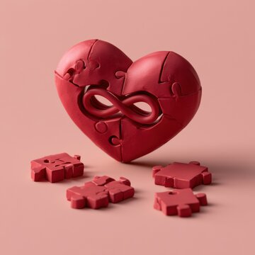 A red heart made from soft clay features an infinity loop inside. Nearby, small puzzle pieces sit against a blush background.