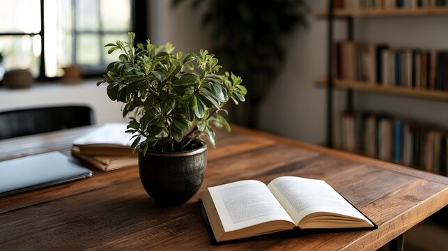 An open book rests beside a potted plant on a wooden desk  with a bookshelf and window in the background