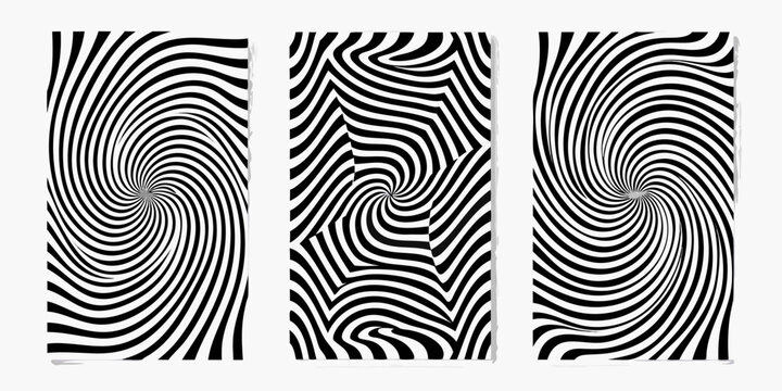 Three vertical panels display an optical illusion pattern with swirling black and white lines on a white background abstract arrangement artistic circular composition