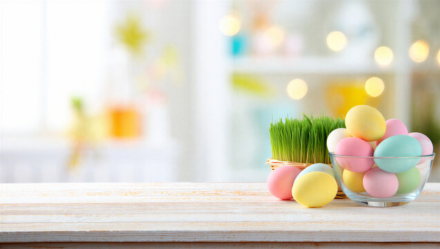 Pastel easter eggs in bowl and grass on blurred light background with glass bowl