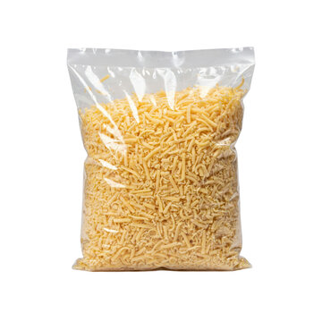 Clear plastic bag filled with shredded yellow cheddar cheese product isolated on a transparent background