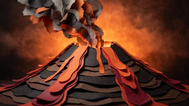 Artistic papercraft volcano eruption with handmade paper lava magma and smoke for a creative mountain model.
