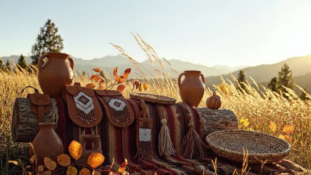 Traditional Indigenous Artifacts with Pottery and Beadwork on a Log in a Sunlit Mountain Meadow