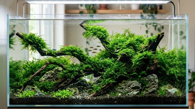 A beautifully arranged aquarium with a variety of aquatic plants and fish.
