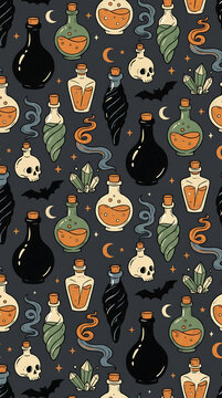Witchy aesthetic seamless pattern, magic potion bottles and skulls background, mystical occult alchemy wallpaper