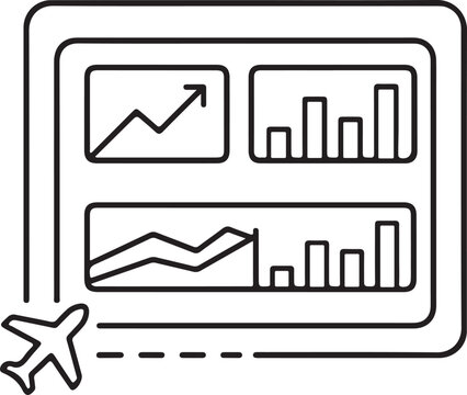 Tablet device displaying flight analytics data charts and airplane flight path icon with analytics