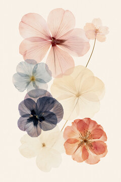 Minimalist Flat Lay Of Delicate Translucent Pressed Flowers On Pale Background