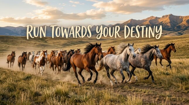 Wild Horses Running Through Mountain Meadow at Sunset with Inspirational Text Overlay