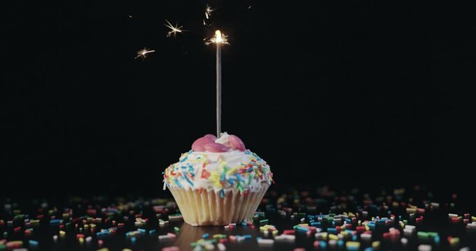 A cupcake with a lit candle on top