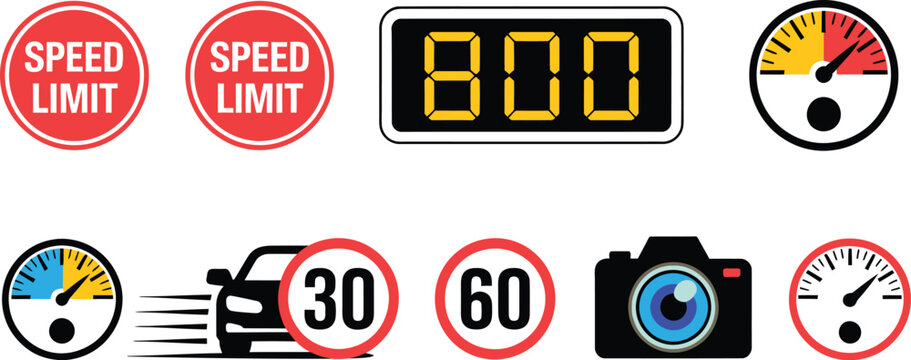 Speed limit icon set featuring dynamic traffic symbols, speedometers, monitoring cameras, road signs, vehicle transportation elements, driving safety concepts and bold colorful vector designs.