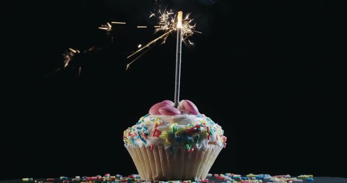 A cupcake with a lit candle sprinkle on top