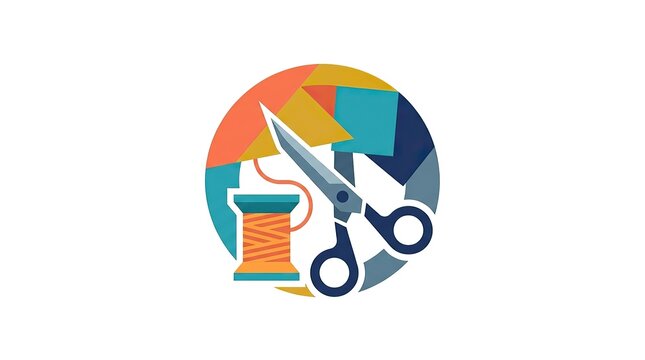 Crafting and sewing logo icon with scissors and thread spool for creative design projects