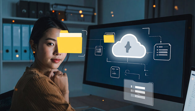 Cloud Security and Document Management System (DMS) Concept. Person using cloud storage and secure folder icons, document system, cloud data transfer, cybersecurity, and secure file sharing technology