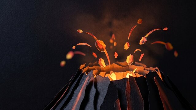 Dramatic volcano eruption craft showing glowing lava, burning magma, and explosive paper fragments in a creative papercraft model.