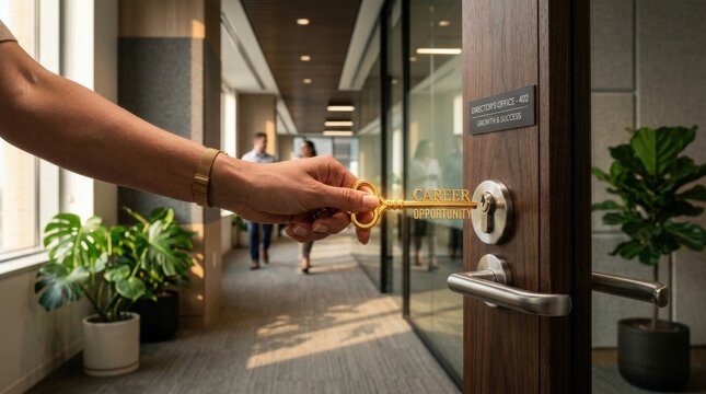 Golden key with text career opportunity being inserted into office door lock symbolising professional growth and success path.
