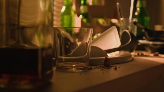 Whiskey bottle and empty glass standing on messy table illustrating alcohol addiction and domestic neglect. Clip suitable for mental health campaigns and rehabilitation documentaries