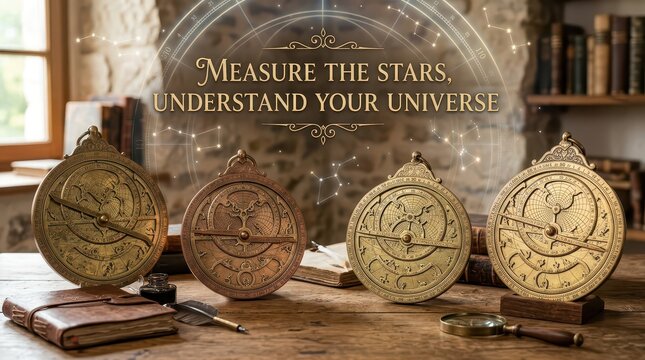Vintage Brass Astrolabes on Wooden Desk with Celestial Map Background
