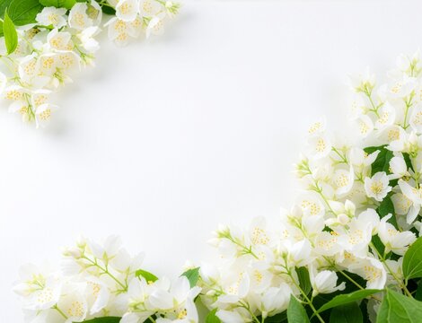 White jasmine flowers framing blank background with copy space