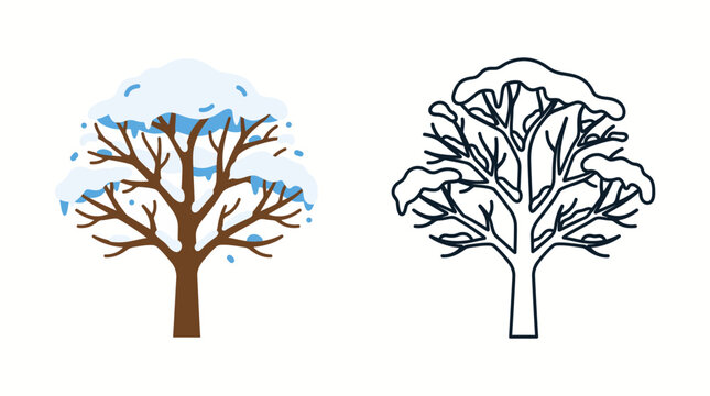 Bare tree with snow cap during winter season with monochrome outline version