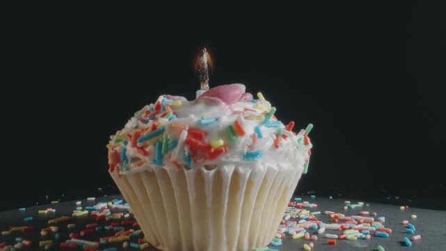 A cupcake with sprinkles on top and a lit candle in the middle