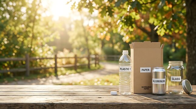 Recyclable Materials on Wooden Table for America Recycles Day